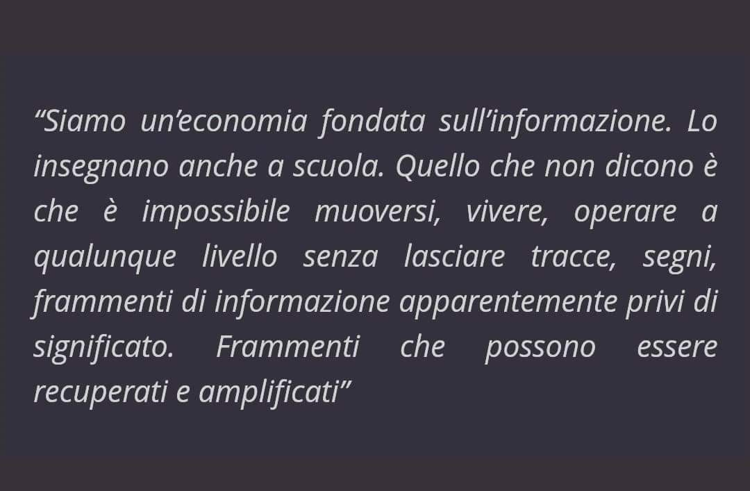 Siamo un'economia fondata sull'informazione. Lo insegnano anche a scuola. Quello che non dicono è che è impossibile muoversi, vivere, operare a qualunque livello senza lasciare tracce, segni, frammenti di informazione apparentemente privi di significato. Frammenti che possono essere recuperati e amplificati